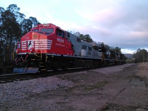 Sunset photo of Rudolph the Red Nosed locomotive Norfolk Southern DC2AC project