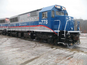 Brookville Equipment Company blue BL20 locomotive fresh out of the shop, painted blue and grey