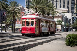 Candy-Apple red New Orleans streetcar repaired by Brookville Equipment and TMV Control Systems