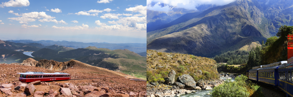 two beautiful shots of pikes peak cog railway view from the peak red mountains blue sky, and peru rail near Machu Picchu with mountains hot humid and a creek