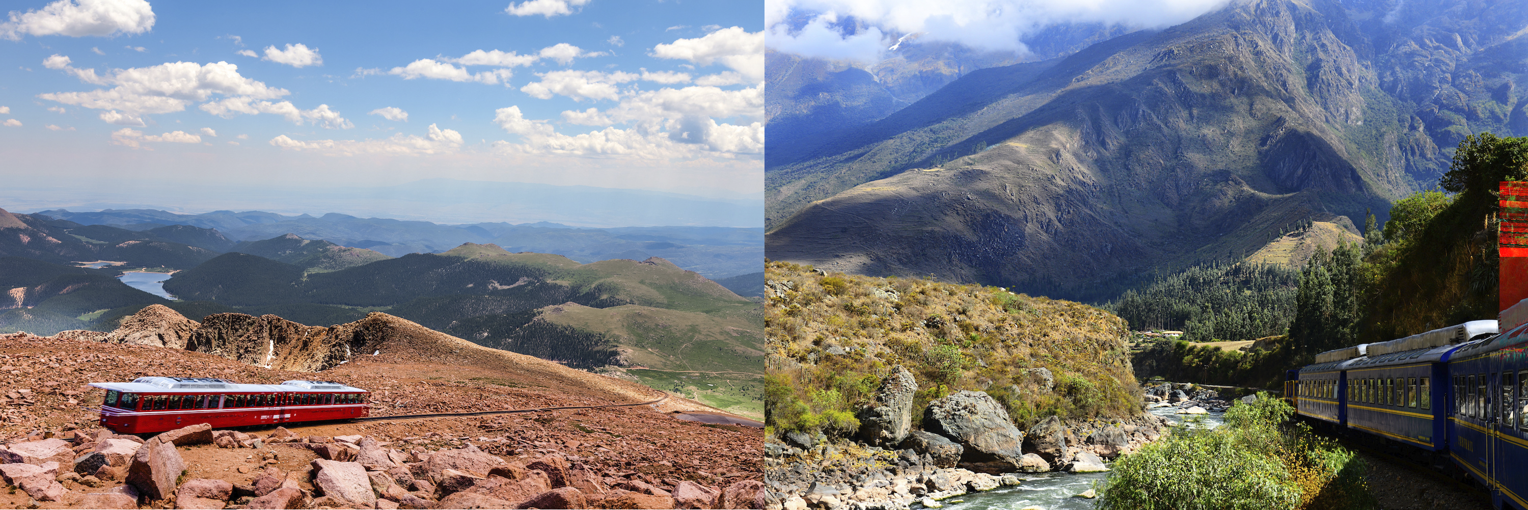 two beautiful shots of pikes peak cog railway view from the peak red mountains blue sky, and peru rail near Machu Picchu with mountains hot humid and a creek