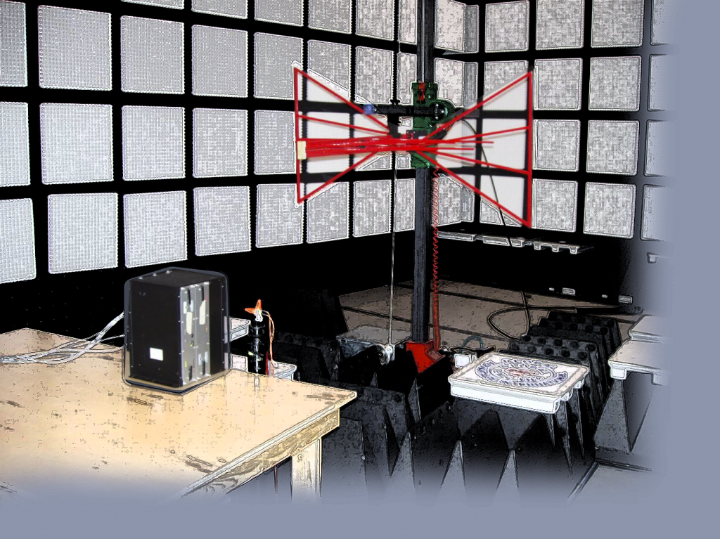 Radar dish radiation disk red in an artistic rendition of anechoic chamber. TECU on table hooked up and braced for impact. good test.