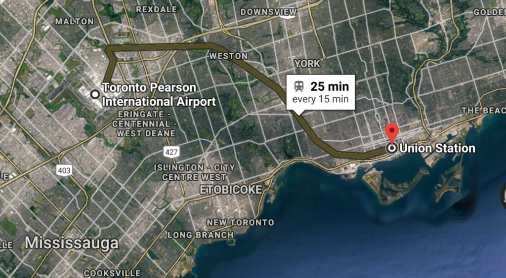 google maps screenshot of the UP train line from union station to pearson airport. This public transit route takes about 25 minutes.