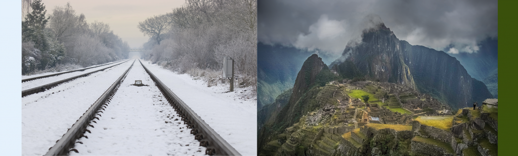 Canadian winter train track contrasted with Machu Picchu hot changing climate, where passenger trains run with TECU control systems